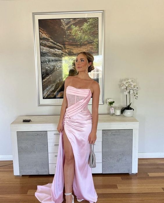 Sexy Birthday Dresses Pink Strapless Prom Dresses Slit Birthday Outfits