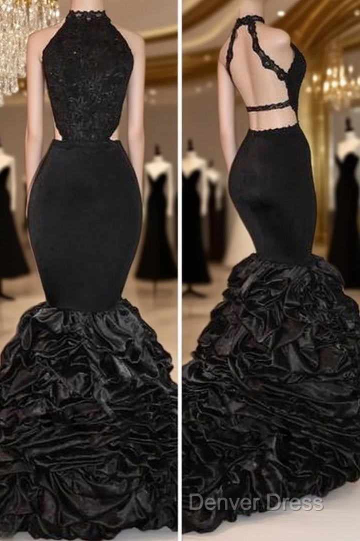 Sexy Black Backless Mermaid Ruffles Tiered African Long Lace Prom Dresses Main image