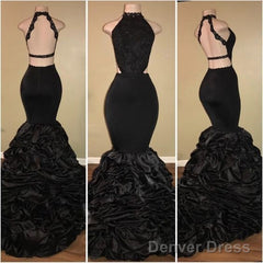 Sexy Black Backless Mermaid Ruffles Tiered African Long Lace Prom Dresses