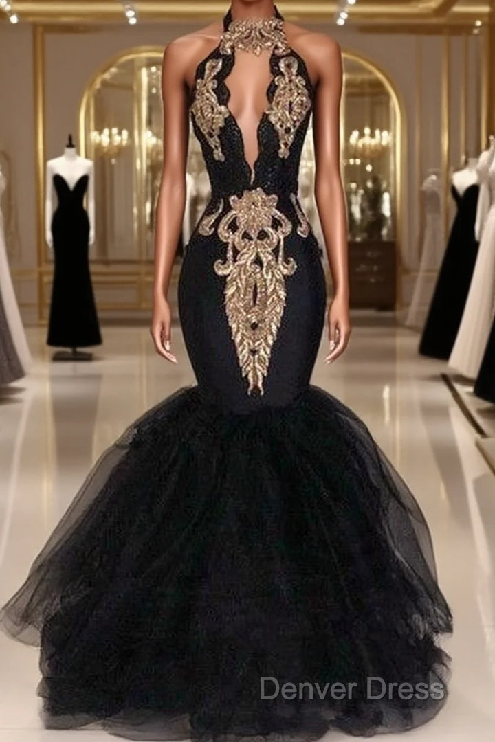Sexy Black Halter Mermaid Long Prom Dresses  Keyhole Lace Gold Shiny Applique Beaded Floor Length Evening Party Gowns Main image
