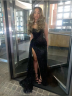 Sexy Black Lace Sequin Slit Long Prom Dress Mermaid Prom Dresses