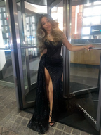 Sexy Black Lace Sequin Slit Long Prom Dress Mermaid Prom Dresses
