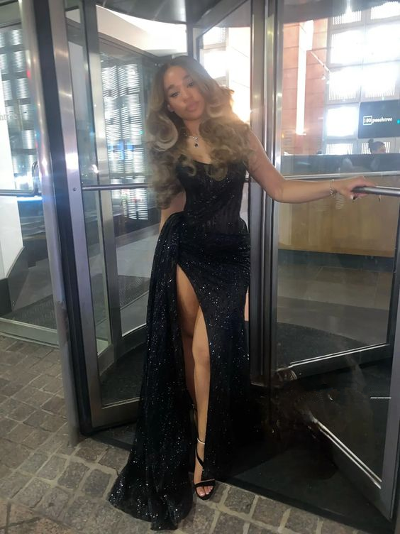 Sexy Black Lace Sequin Slit Long Prom Dress Mermaid Prom Dresses