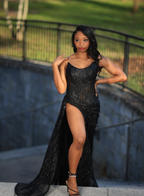 Sexy Black Lace Sequin Slit Long Prom Dress Mermaid Prom Dresses