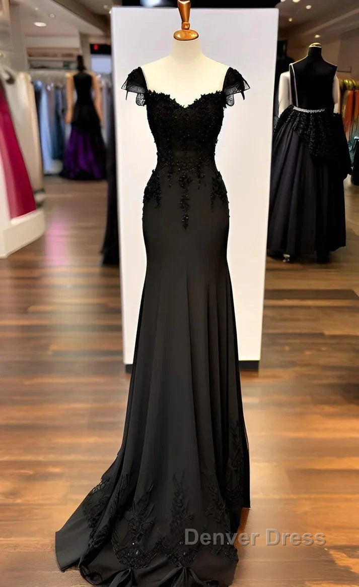 Sexy Black Mermaid Gown V Neck Chiffon Lace Prom Dresses Evening Dresses