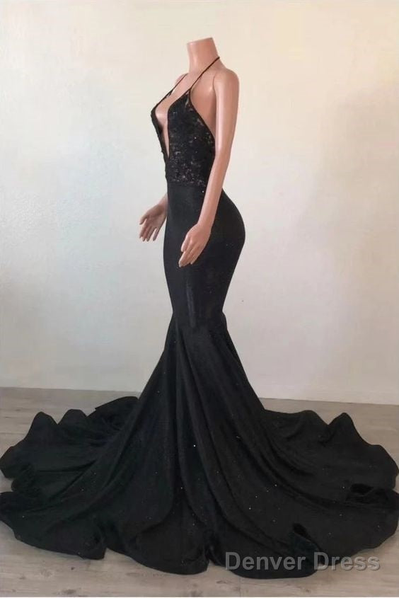 Sexy Black Mermaid Halter Backless Prom Dress With Lace Top