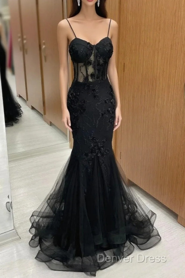 Sexy Black Mermaid Lace Long Prom Dresses Evening Dresses Main image
