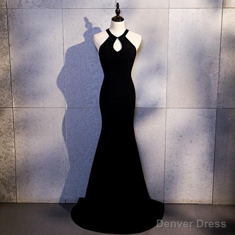 Sexy Black Mermaid Long Halter Prom Dress, Black Prom Dresses