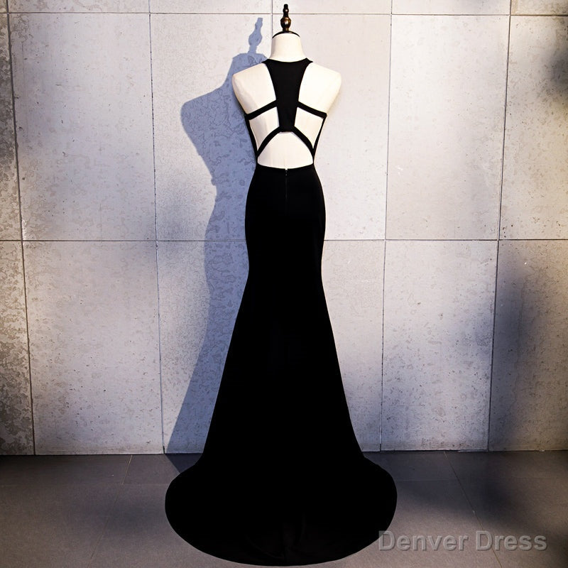Sexy Black Mermaid Long Halter Prom Dress, Black Prom Dresses