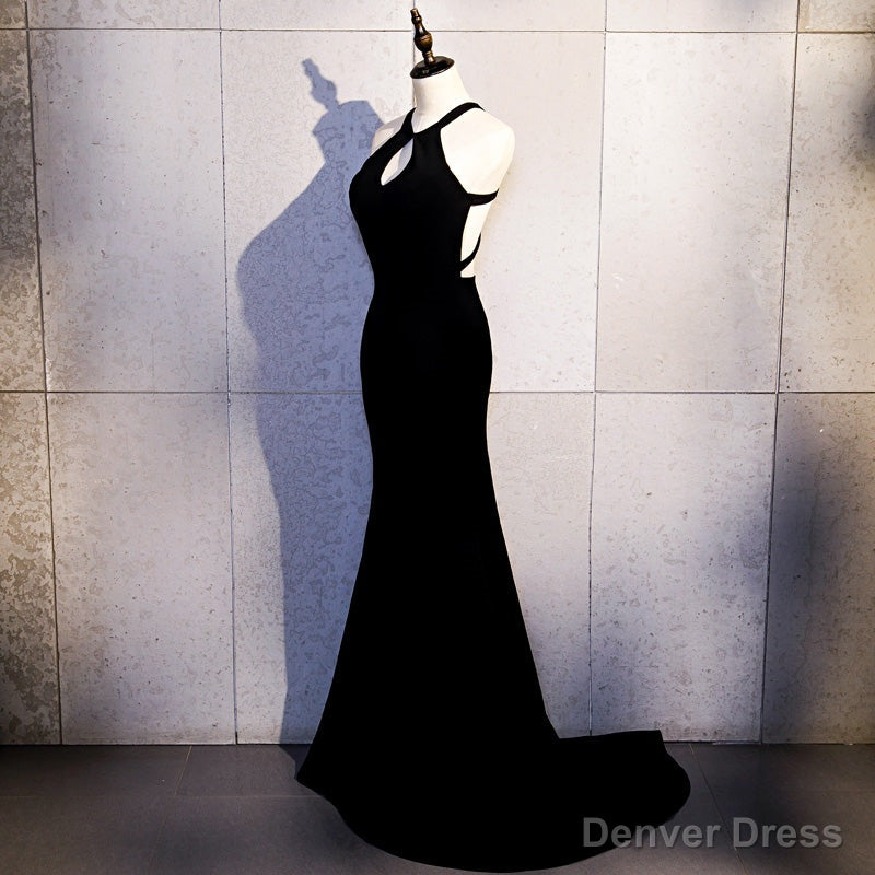 Sexy Black Mermaid Long Halter Prom Dress, Black Prom Dresses