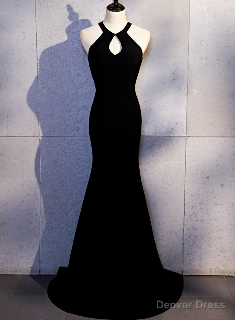 Sexy Black Mermaid Long Halter Prom Dress, Black Prom Dresses