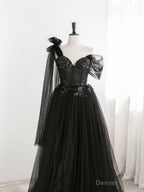 Sexy Black One Shoulder Tulle Sweetheart Sequins Prom Dresses, Black Prom Gowns