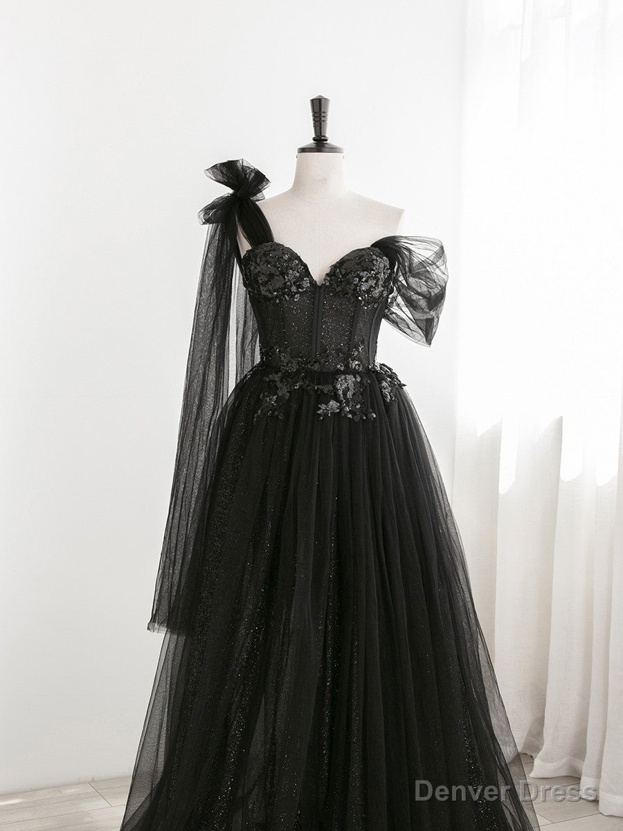 Sexy Black One Shoulder Tulle Sweetheart Sequins Prom Dresses, Black Prom Gowns