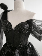 Sexy Black One Shoulder Tulle Sweetheart Sequins Prom Dresses, Black Prom Gowns