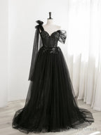Sexy Black One Shoulder Tulle Sweetheart Sequins Prom Dresses, Black Prom Gowns