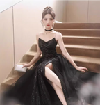 Sexy Black Spaghetti Strap V-Neck Split Sequined Tulle Long Prom Dresses Evening Dresses