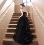 Sexy Black Spaghetti Strap V-Neck Split Sequined Tulle Long Prom Dresses Evening Dresses