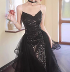 Sexy Black Spaghetti Strap V-Neck Split Sequined Tulle Long Prom Dresses Evening Dresses