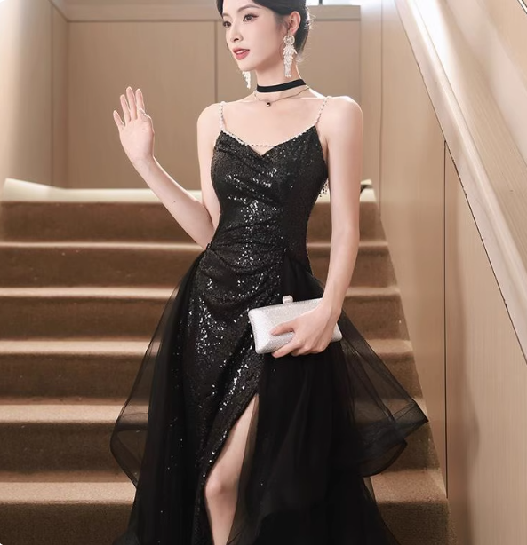 Sexy Black Spaghetti Strap V-Neck Split Sequined Tulle Long Prom Dresses Evening Dresses