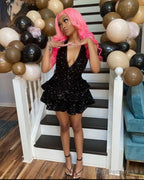 Sexy Black Sparking Short Cocktail Dresses Back Open Tiered Sequin Graduation Gown Parties Night