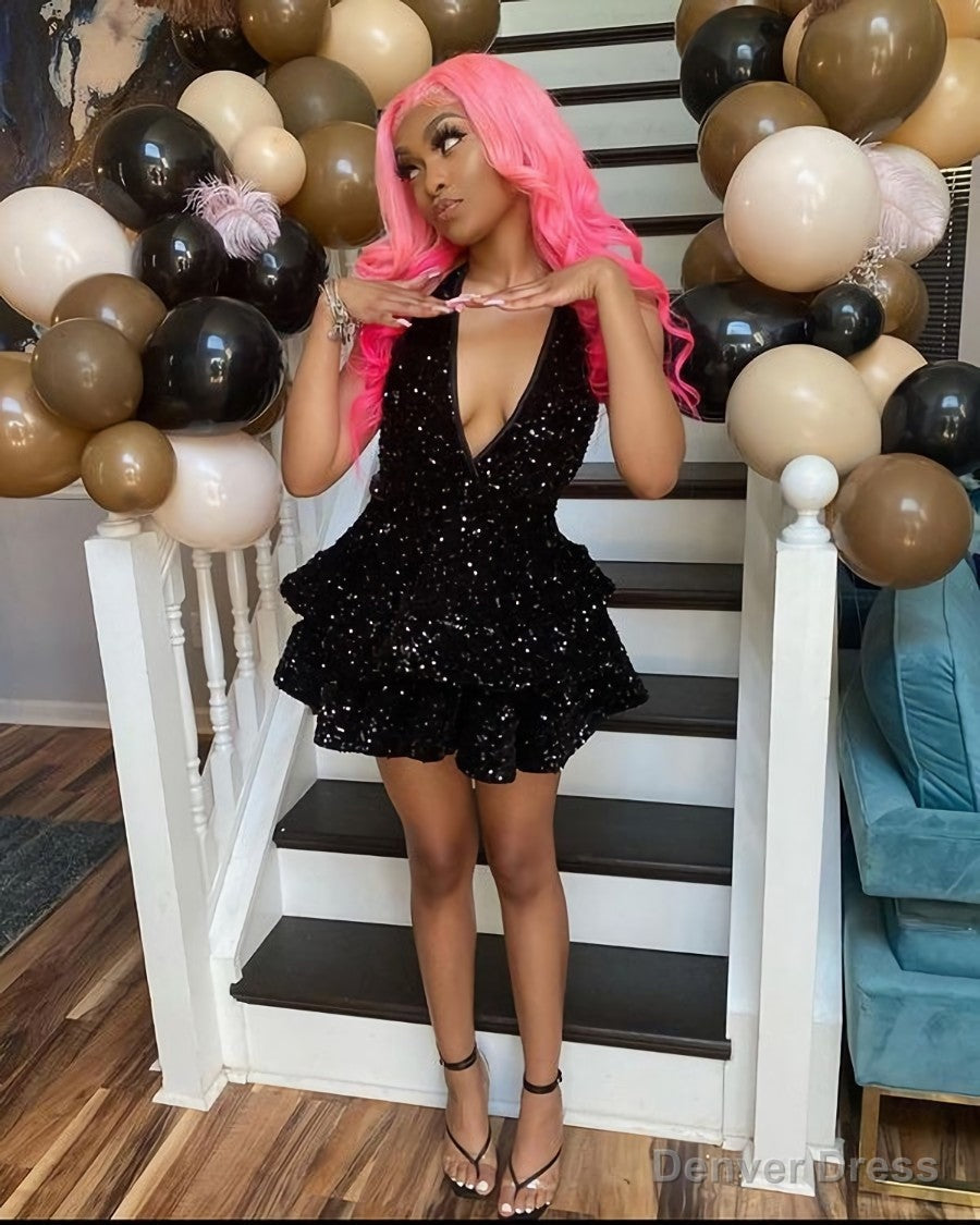 Sexy Black Sparking Short Cocktail Dresses Back Open Tiered Sequin Graduation Gown Parties Night