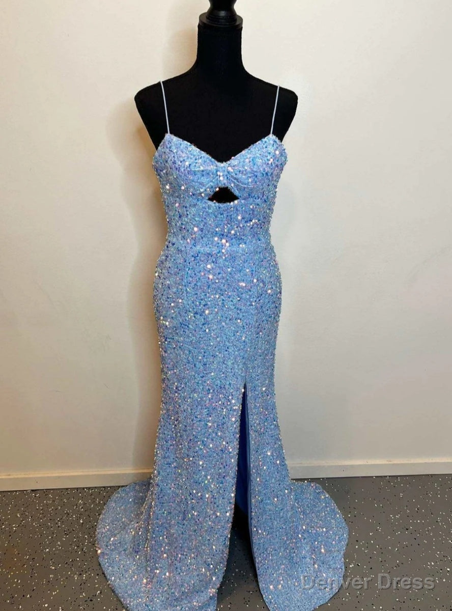 Sexy Blue Mermaid Sequins Spaghetti Straps prom Dresses Main image