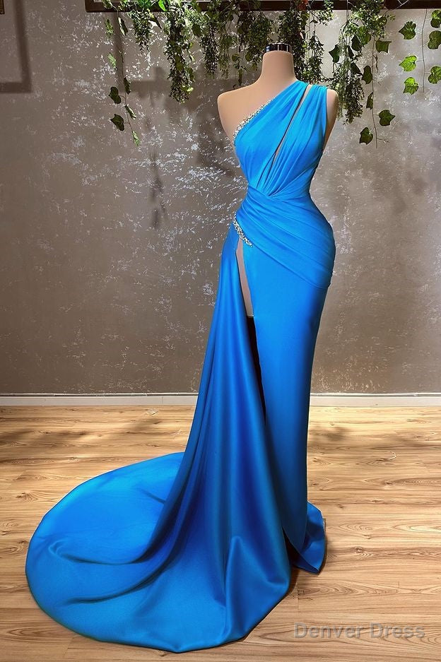 Sexy Blue One Shoulder Split Mermaid Prom Dresses With Beads Main image