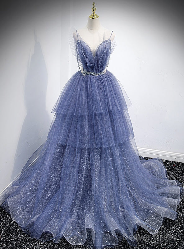 Sexy Blue Tulle Sequins Spaghetti Straps Beading Prom Dresses Main image