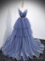 Sexy Blue Tulle Sequins Spaghetti Straps Beading Prom Dresses