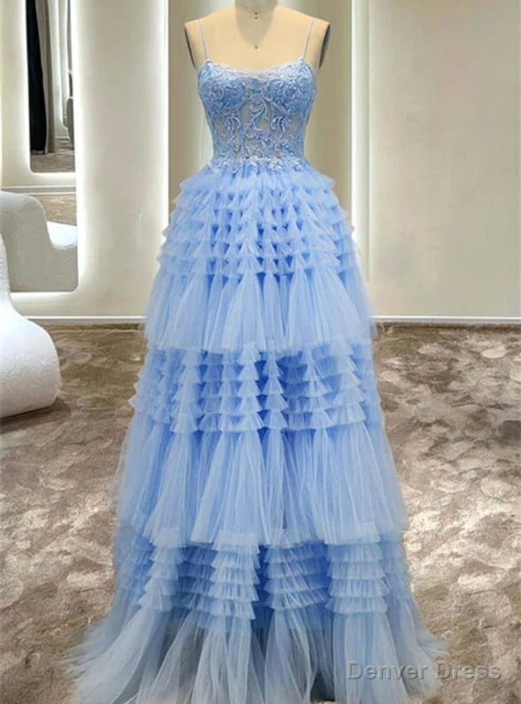 Sexy Blue Tulle Spaghetti Straps Appliques Beading Prom Dresses Main image