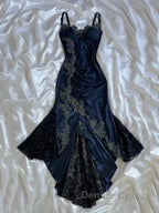 Sexy Bodycon Mermaid Straps Long Navy Blue Lace Prom Dresses Party Dresses
