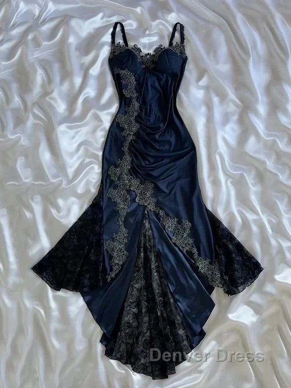 Sexy Bodycon Mermaid Straps Long Navy Blue Lace Prom Dresses Party Dresses
