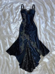 Sexy Bodycon Mermaid Straps Long Navy Blue Lace Prom Dress Party Dresses