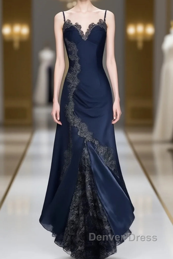 Sexy Bodycon Mermaid Straps Long Navy Blue Lace Prom Dresses Party Dresses Main image