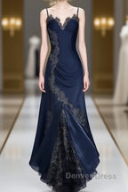 Sexy Bodycon Mermaid Straps Long Navy Blue Lace Prom Dresses Party Dresses