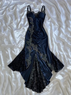 Sexy Bodycon Mermaid Straps Long Navy Blue Lace Prom Dress