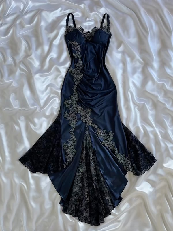 Sexy Bodycon Mermaid Straps Long Navy Blue Lace Prom Dress