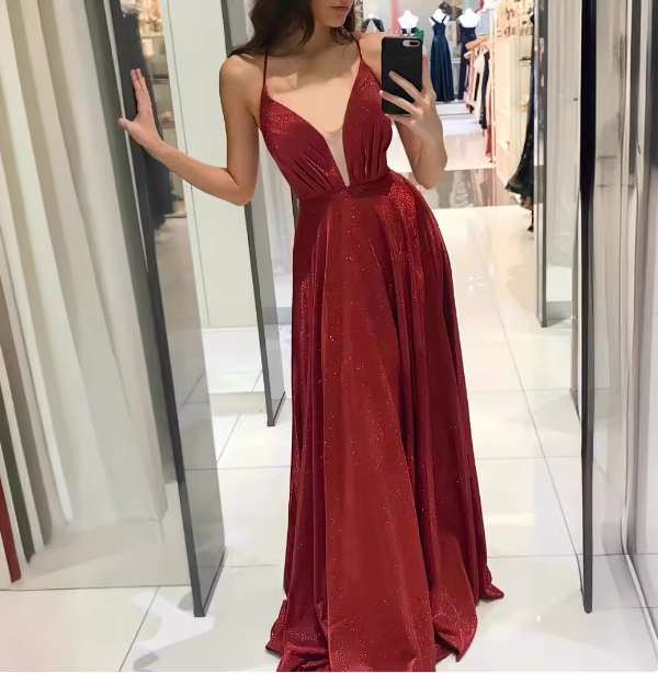 Sexy Burgundy A-Line V-Neck Cross Back Shimmer Satin Long Prom Dresses Evening Dresses