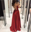 Sexy Burgundy A-Line V-Neck Cross Back Shimmer Satin Long Prom Dresses Evening Dresses