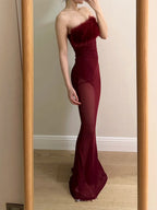 Sexy Burgundy Mermaid Strapless Mesh Long Prom Dresses Evening Dresses