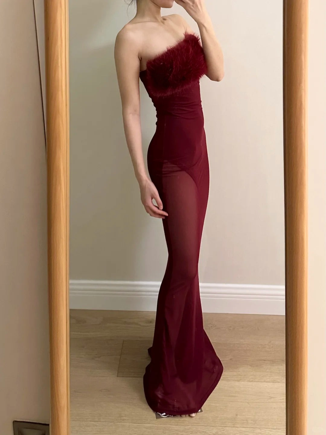 Sexy Burgundy Mermaid Strapless Mesh Long Prom Dresses Evening Dresses