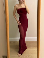 Sexy Burgundy Mermaid Strapless Mesh Long Prom Dresses Evening Dresses