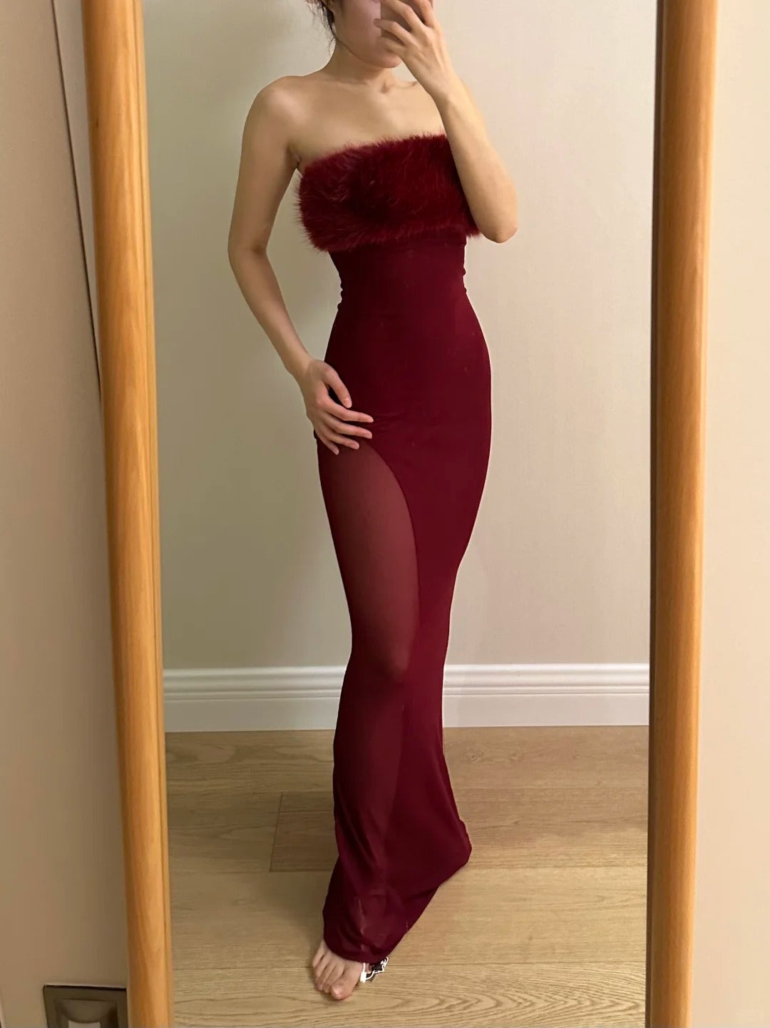 Sexy Burgundy Mermaid Strapless Mesh Long Prom Dresses Evening Dresses