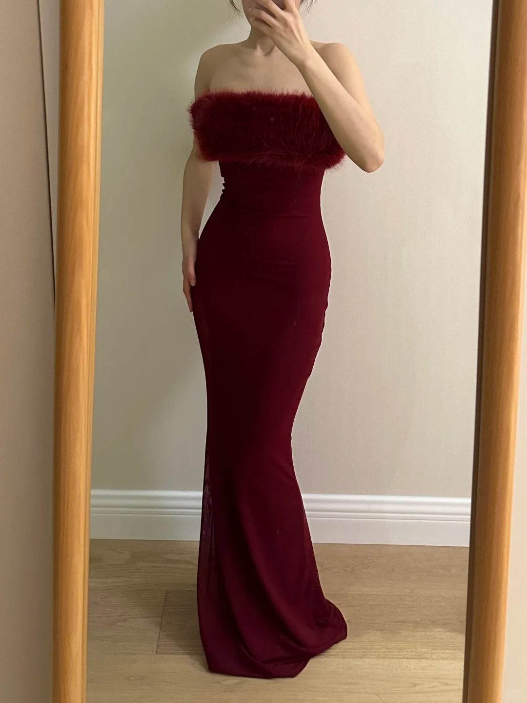 Sexy Burgundy Mermaid Strapless Mesh Long Prom Dresses Evening Dresses