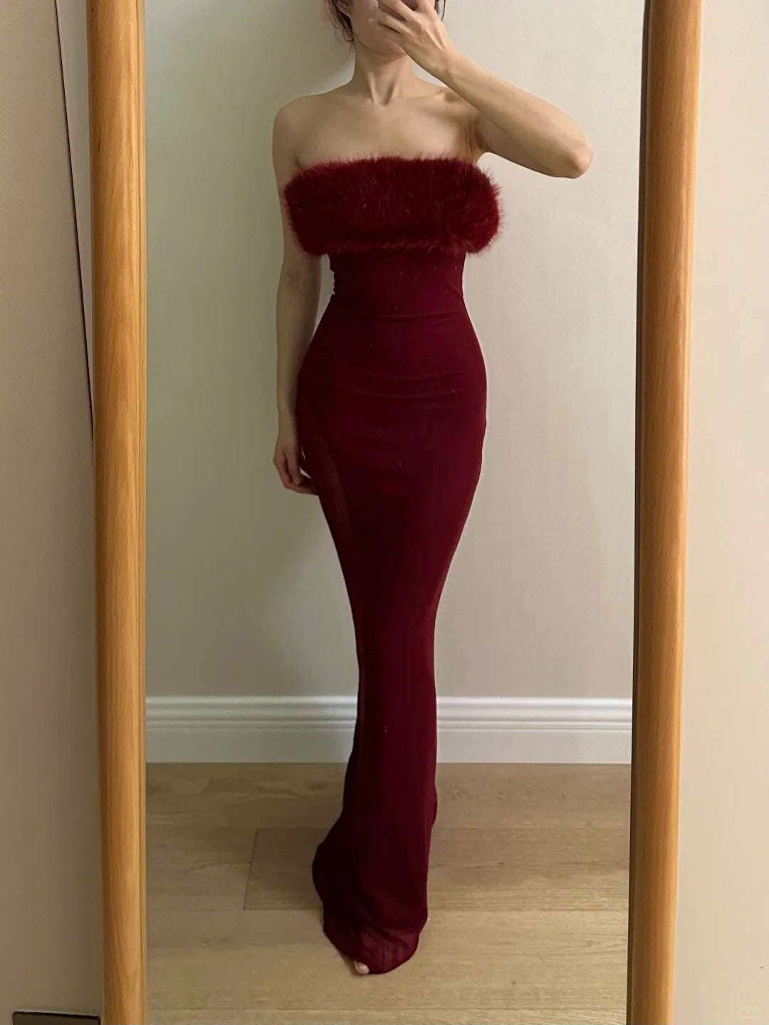 Sexy Burgundy Mermaid Strapless Mesh Long Prom Dresses Evening Dresses