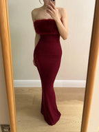 Sexy Burgundy Mermaid Strapless Mesh Long Prom Dresses Evening Dresses