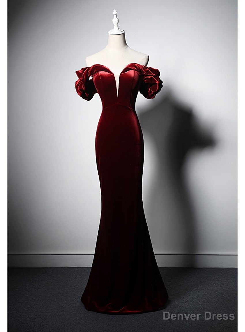 Sexy Burgundy Mermaid Velvet Off the Shoulder Prom Dress Main image