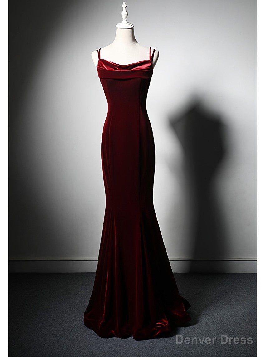 Sexy Burgundy Mermaid Velvet Spaghetti Straps Prom Dresses With Bow Main image