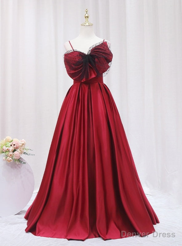 Sexy Burgundy Satin Spaghetti Straps Bow Prom Dresses