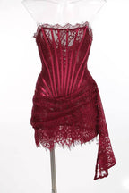 Sexy Burgundy Strapless Lace Sheath Short Cocktail Dress Homecoming Dresses